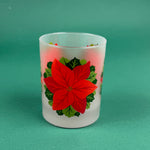 Frosted clear glass with a bright red poinsettia and green holly leaf design on a green background