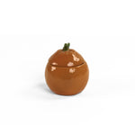 Fruit orange bowl with lid main view in glossy ceramic with small green stem detail on a white background