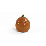 Fruit orange bowl with lid main view in glossy ceramic with small green stem detail on a white background