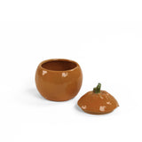 Fruit orange bowl with lid open view in glossy orange ceramic with removable stem lid detail.