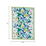 a lemon and strawberry tea towel with blue flowers and a yellow and green border against a white background. 