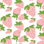 Strawberry fabric featuring large pink and red strawberries on a white background. 