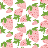Strawberry fabric featuring large pink and red strawberries on a white background. 