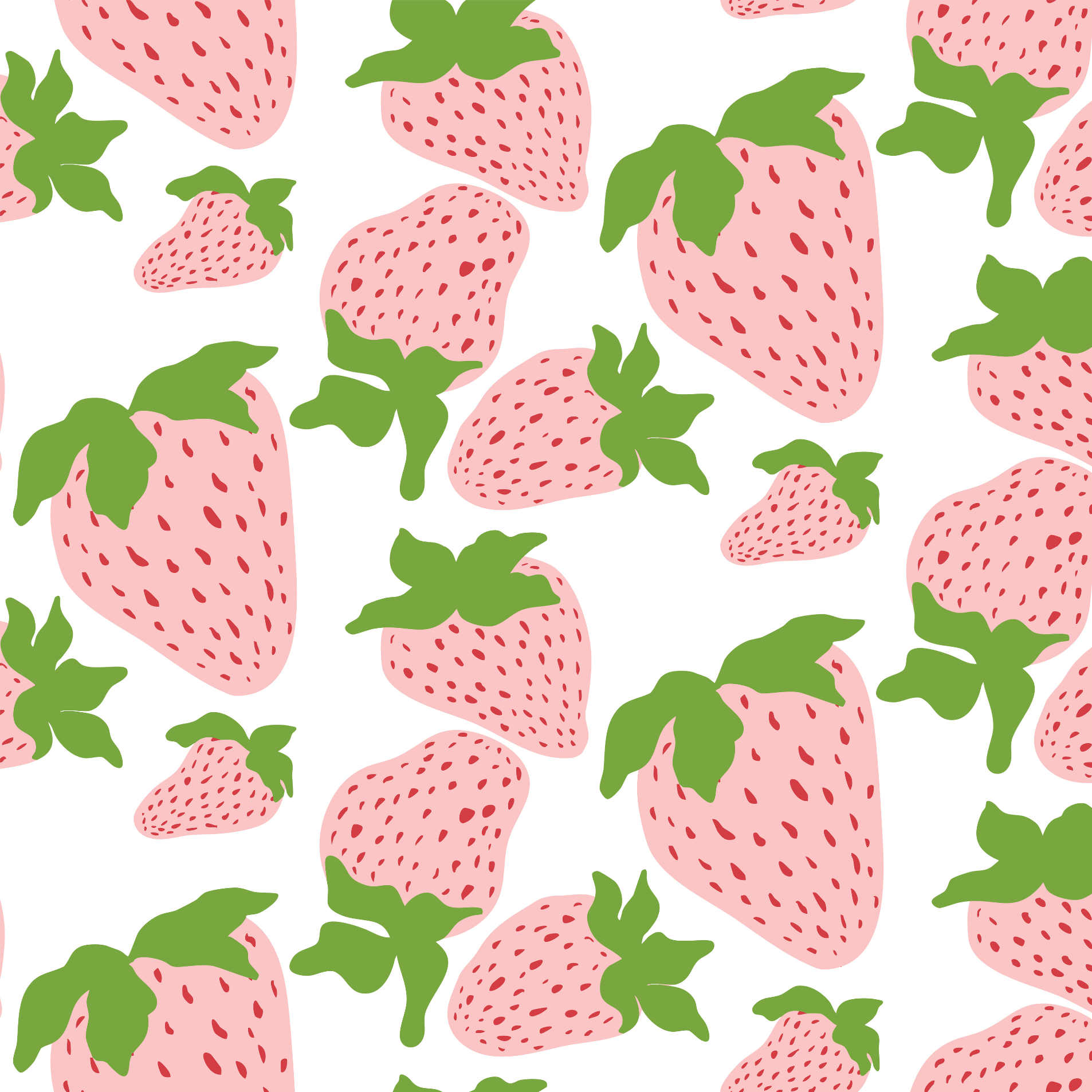 Strawberry fabric featuring large pink and red strawberries on a white background. 