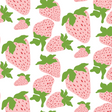 Strawberry fabric featuring large pink and red strawberries on a white background. 