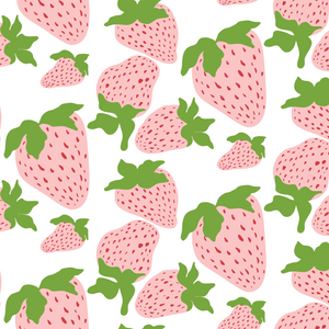 Strawberry fabric featuring large pink and red strawberries on a white background. 