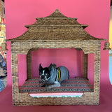 a black french boxer dog lying on a rattan pagoda dog bed
