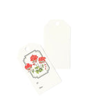 Elegant gift tags featuring vibrant red geranium flowers, lush green leaves, decorative borders, and personalization fields.