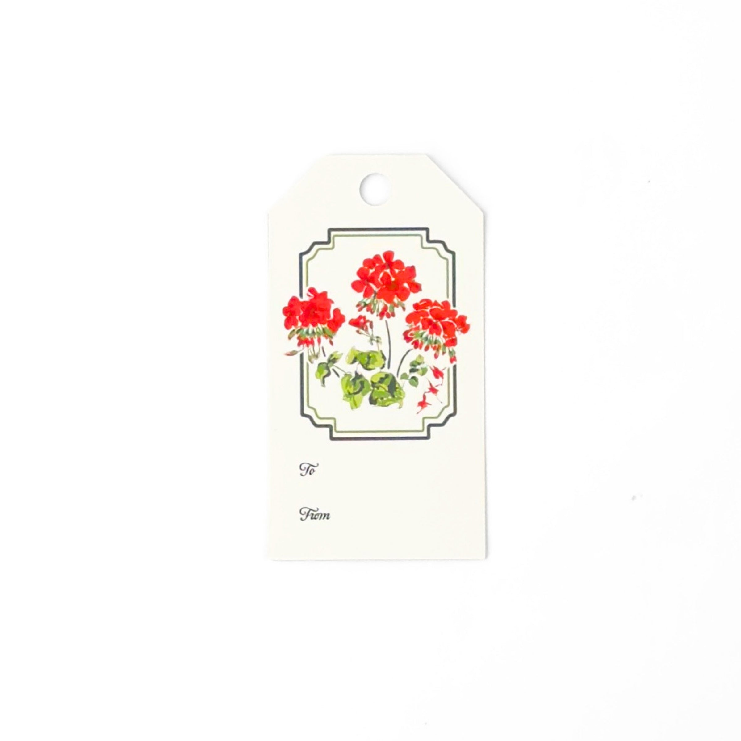 Elegant gift tags featuring vibrant red geranium flowers, lush green leaves, decorative borders, and personalization fields.