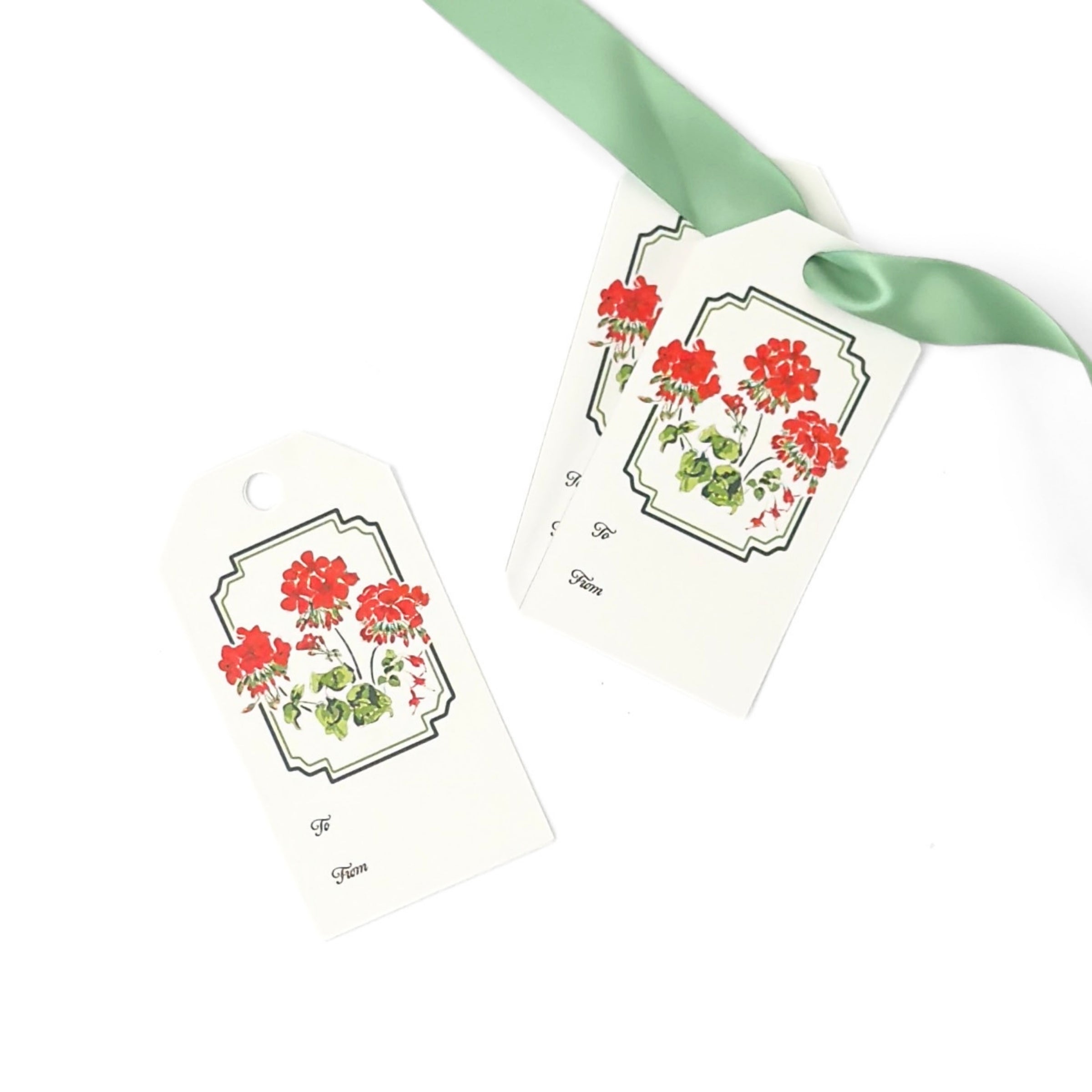 Elegant gift tags featuring vibrant red geranium flowers, lush green leaves, decorative borders, and personalization fields.