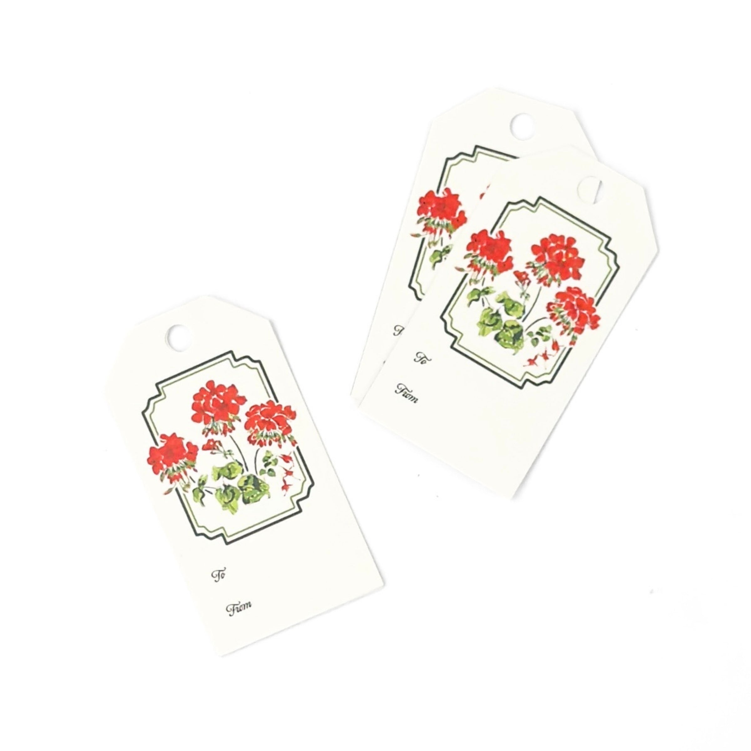 Elegant gift tags featuring vibrant red geranium flowers, lush green leaves, decorative borders, and personalization fields.
