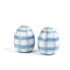 A pair of blue gingham decorative Easter eggs on white background