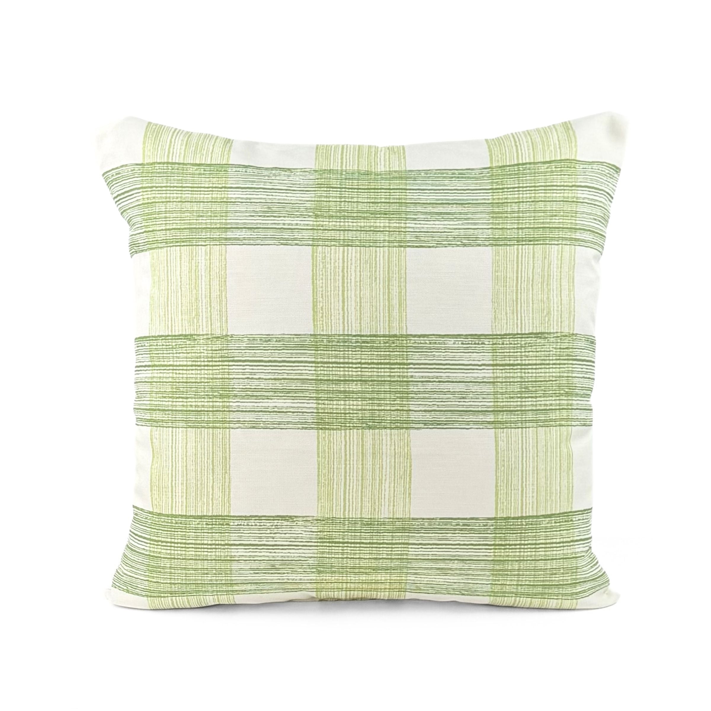 Gin Lane outdoor pillow with celery green and white geometric pattern.