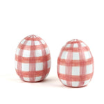 a pair of pink gingham decorative Easter eggs on white background
