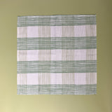 a green  gingham dinner napkins in gin lane print fabric by madap cottage on a light green background. 
