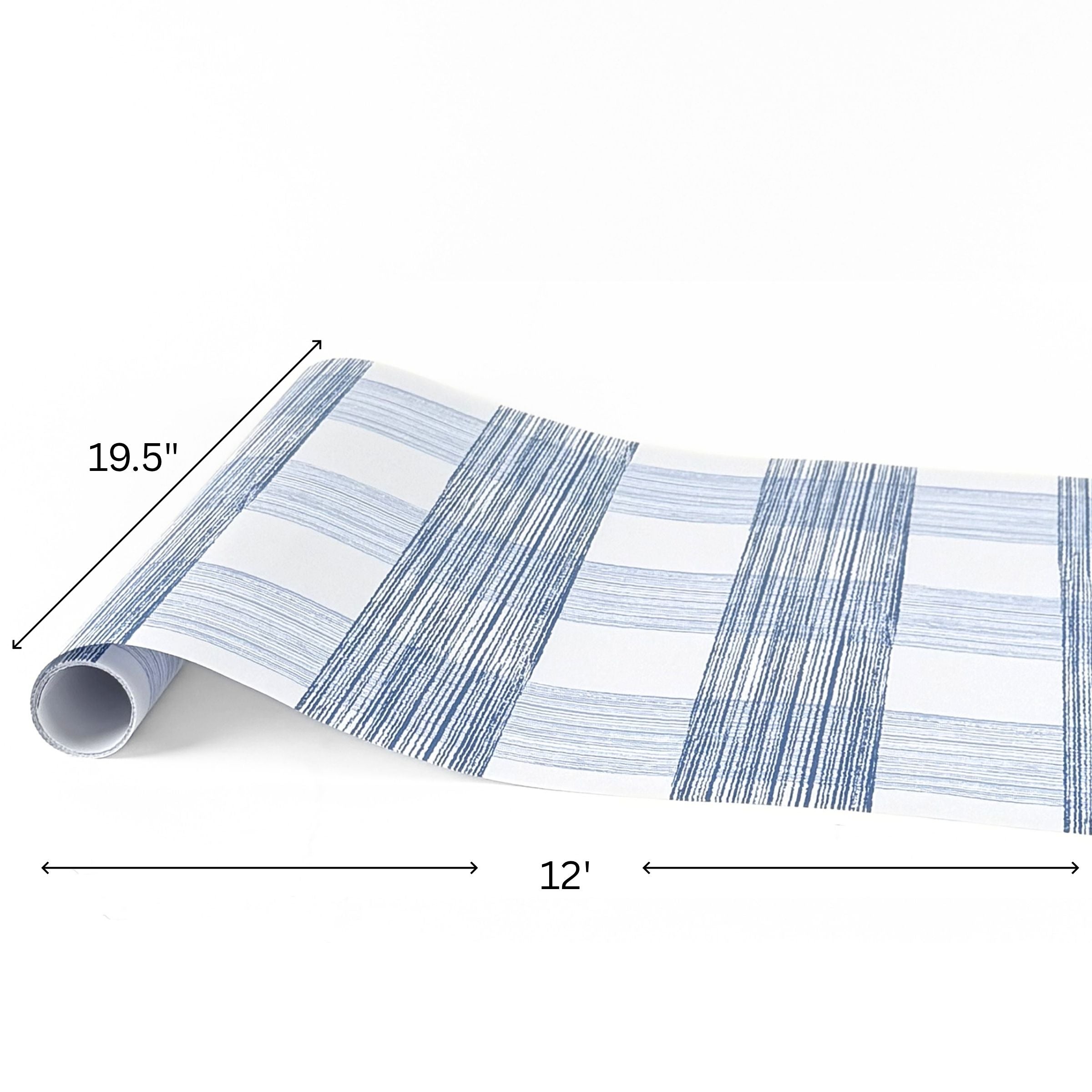 Gingham blue paper table runner measuring 12 feet long and 19.5 inches wide.