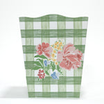 a green gingham wastepaper basket with a central floral motif from madcap cottage