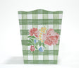 a green gingham wastepaper basket with a central floral motif from madcap cottage