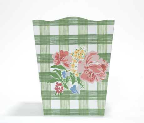 a green gingham wastepaper basket with a central floral motif from madcap cottage