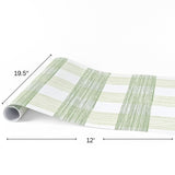 Gingham green paper table runner measuring 12 feet long and 19.5 inches wide.