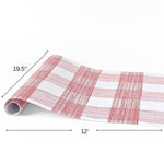 Gingham pink paper table runner measuring 12 feet long and 19.5 inches wide.