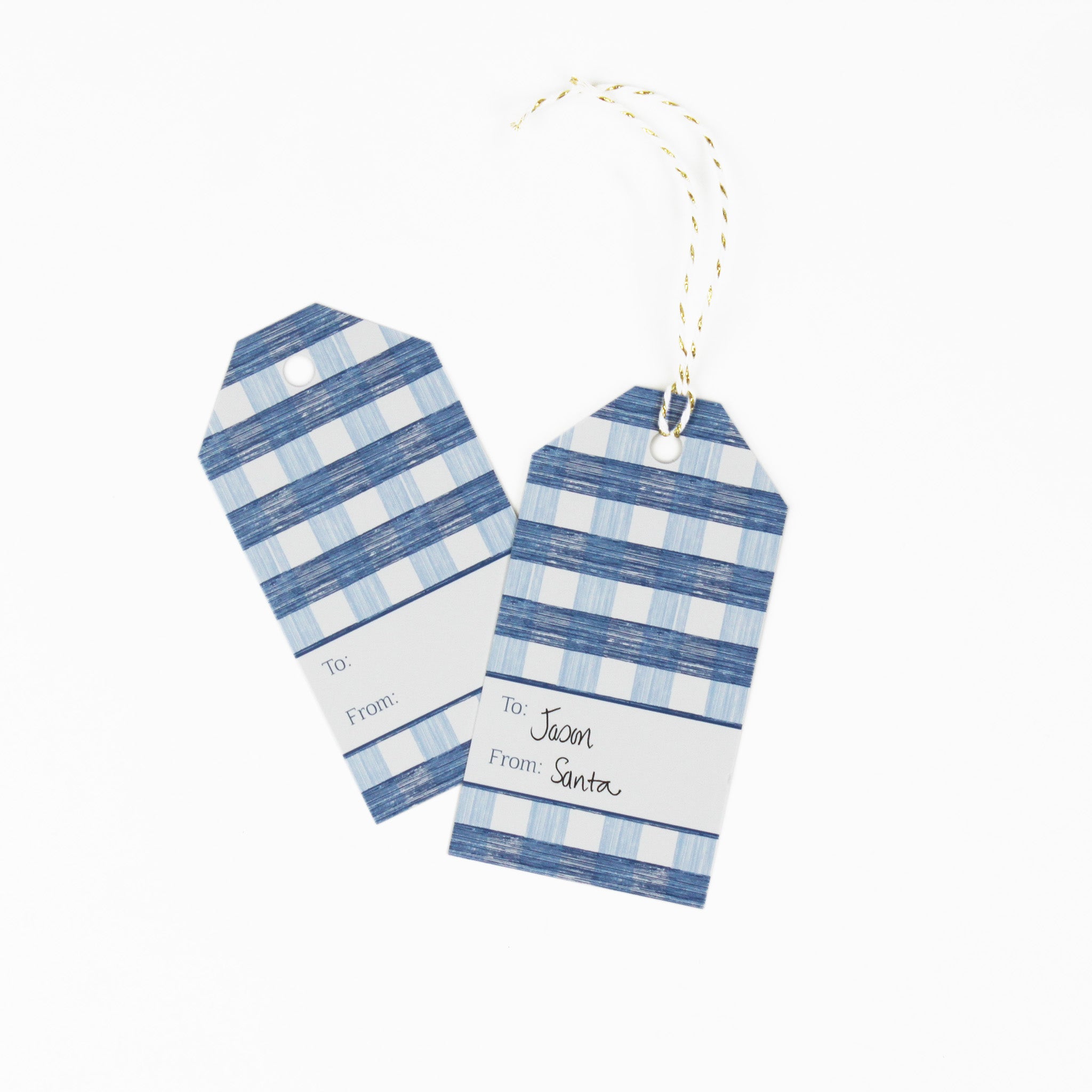 A blue gingham patterned gift tag with a white space for personalize message, displayed on a white background.