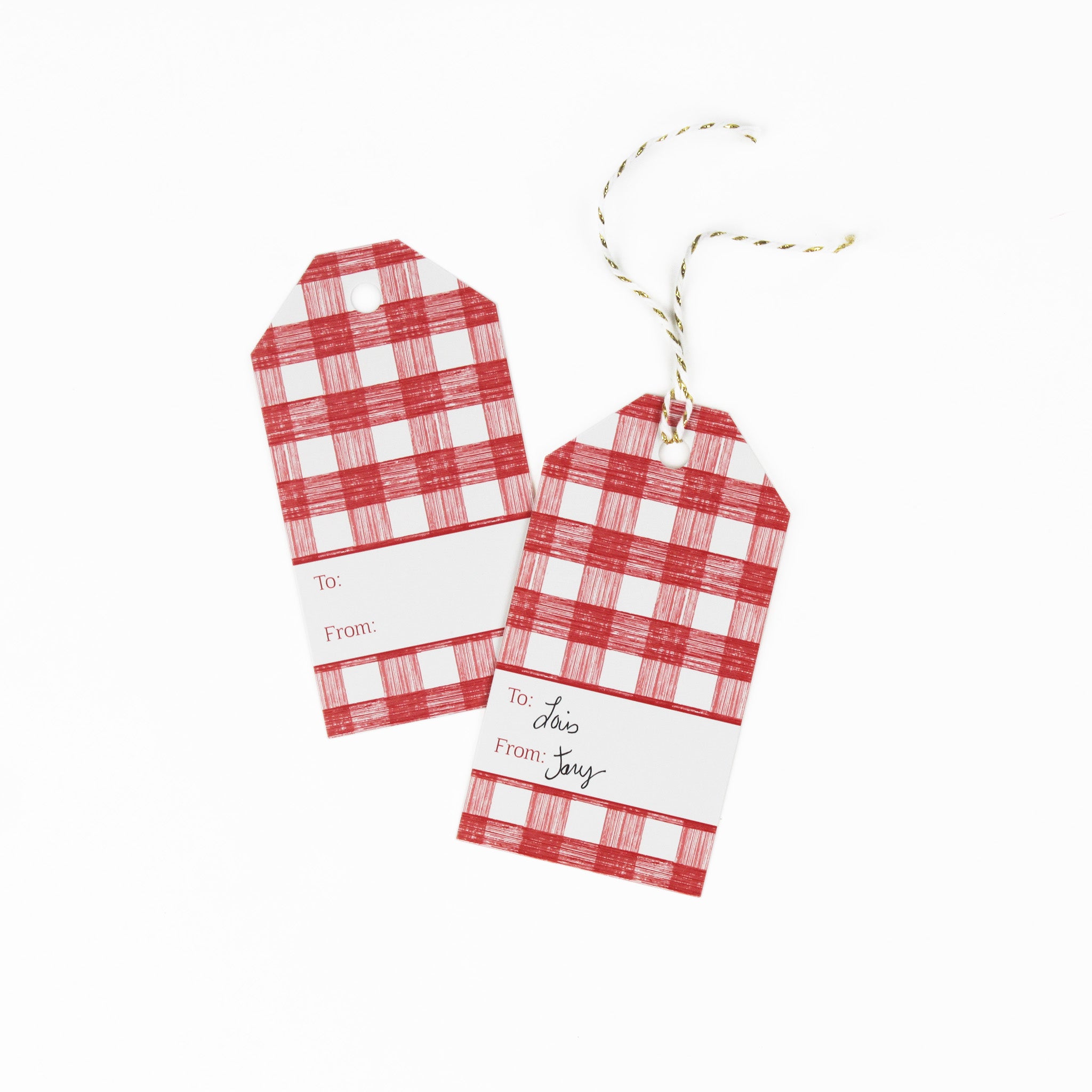 A red gingham patterned gift tags with a white space for personalized message, displayed on a white background.