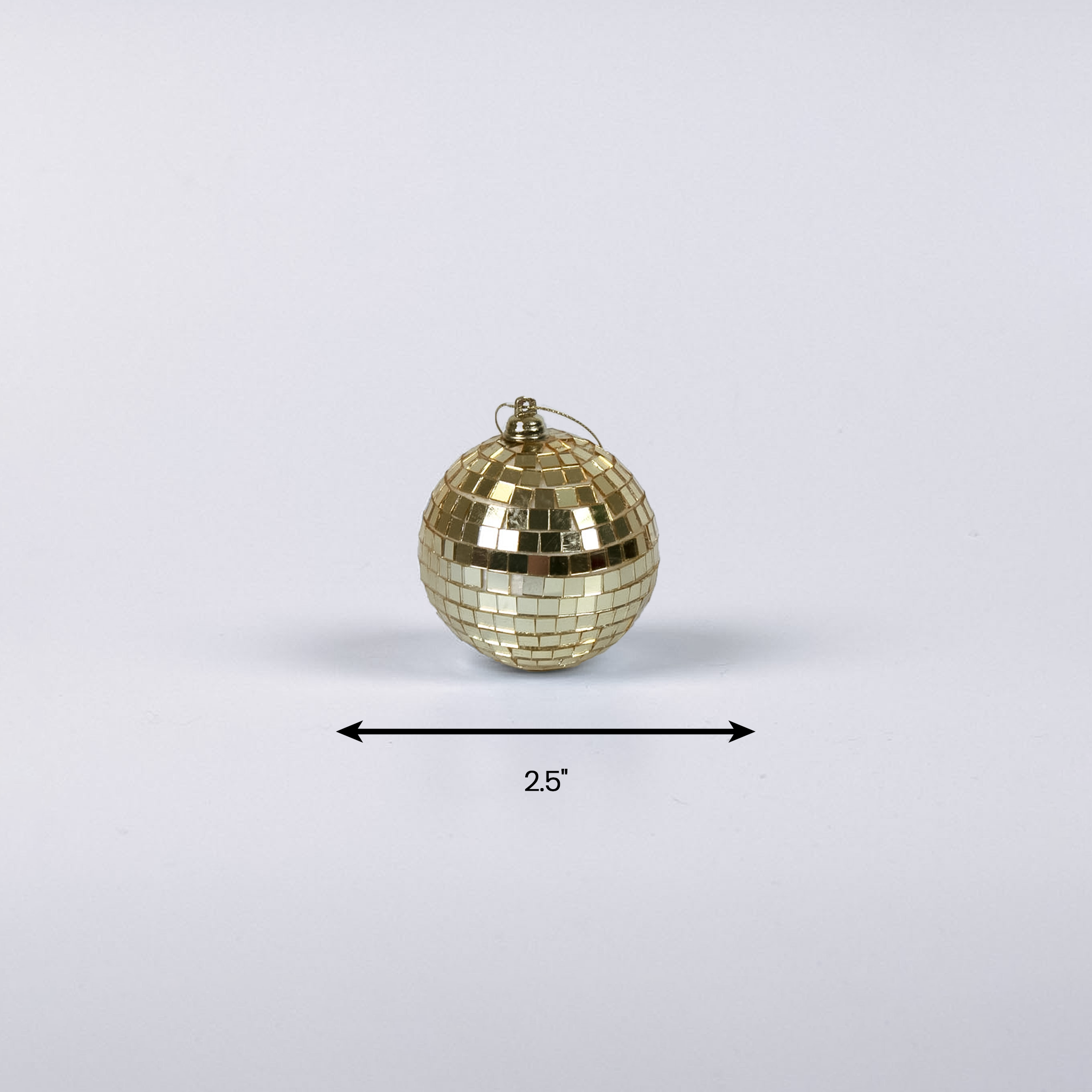 1 mini gold disco ball ornaments on a white background with dimension of 2.5"