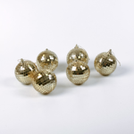 six mini gold disco ball ornaments on a white background