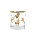Clear glass candle holder with gold star designs on a white background