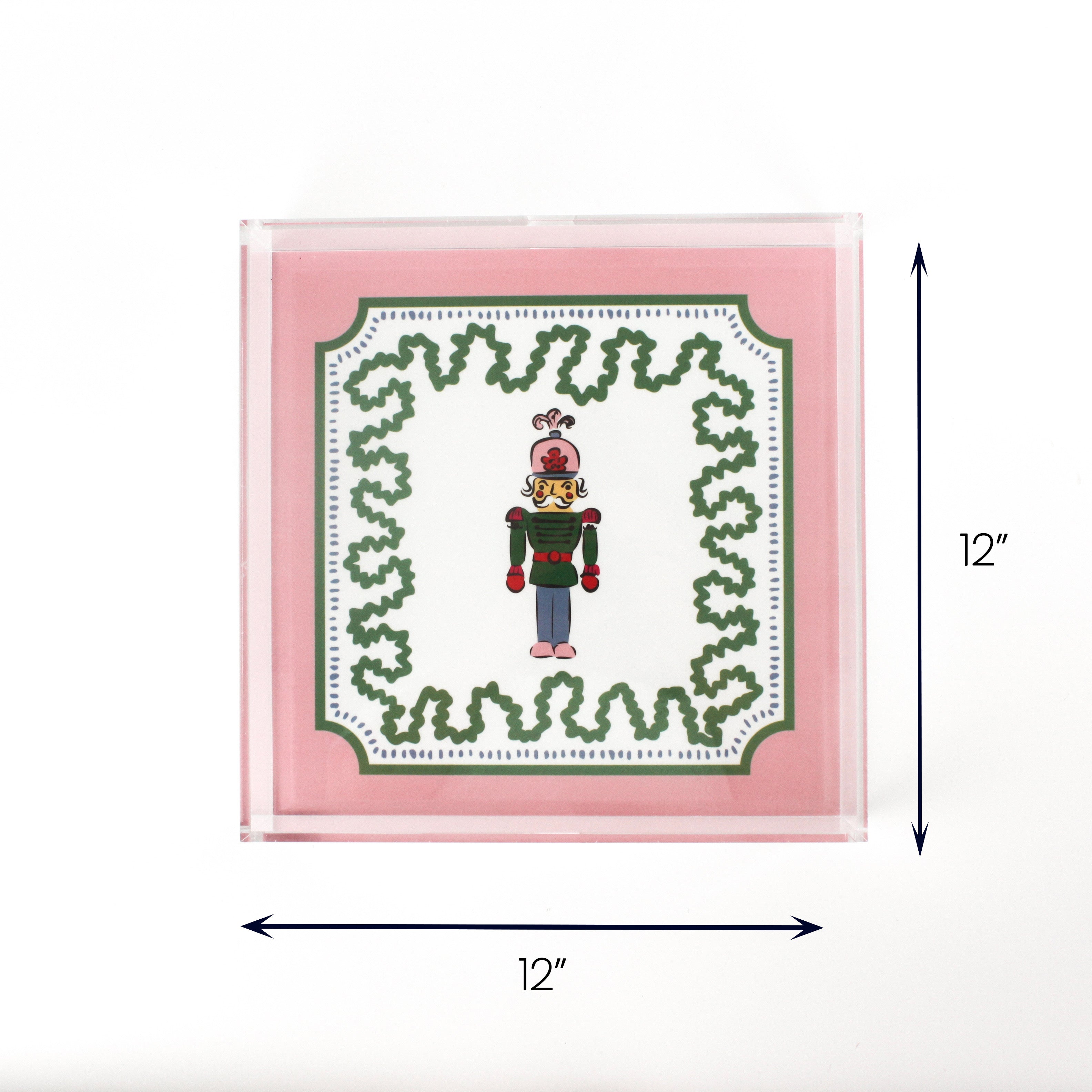 Green Christmas Square Acrylic Tray Nutcracker large with dimension of 12" x 12".