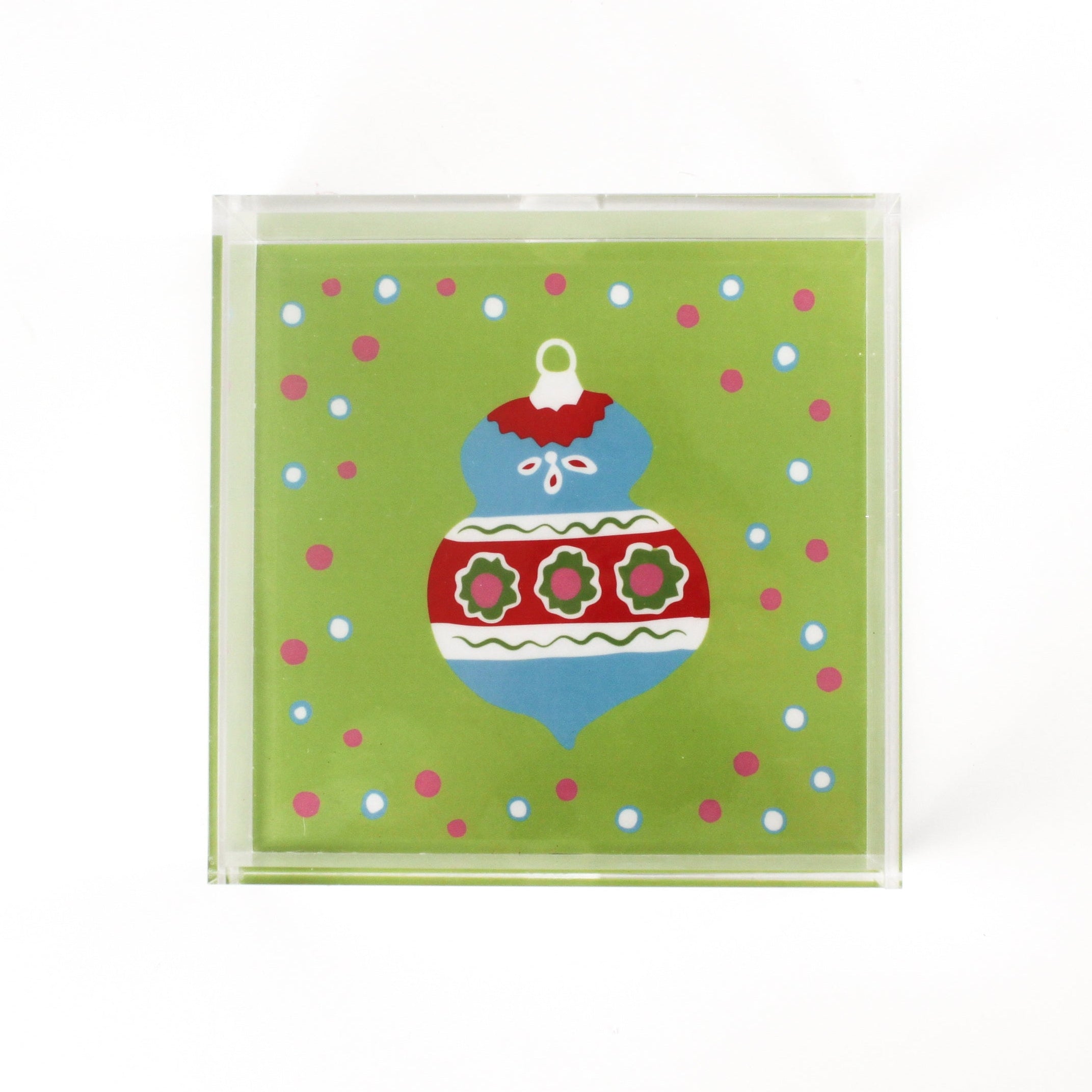 a medium green square Acrylic Trays with Ornament motif on it on a white background