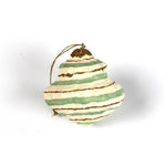 Striped Painted Paper Mache Christmas Ornament Green with gold glitter accent.