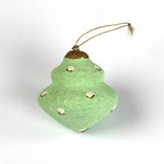 Dotted Painted Paper Mache Christmas Ornament Green with hand-painted gold tips.