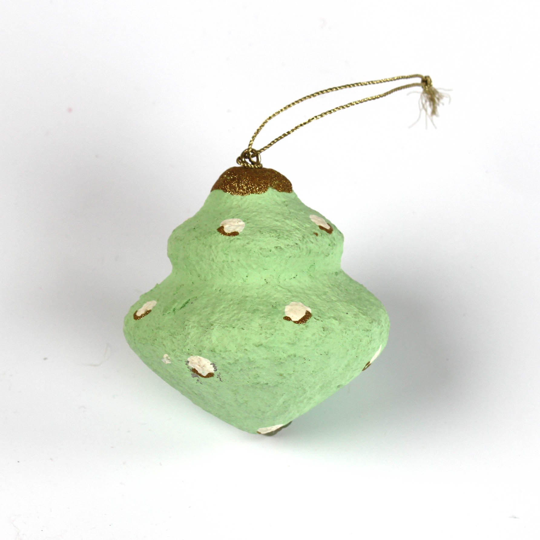 Dotted Painted Paper Mache Christmas Ornament Green with hand-painted gold tips.