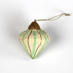 Teardrop Painted Paper Mache Christmas Ornament Green with vertical gold glitter lines.