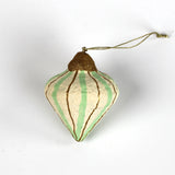 Teardrop Painted Paper Mache Christmas Ornament Green with vertical gold glitter lines.