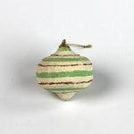 Round Painted Paper Mache Christmas Ornament Green with gold-striped ivory details.