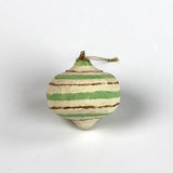 Round Painted Paper Mache Christmas Ornament Green with gold-striped ivory details.