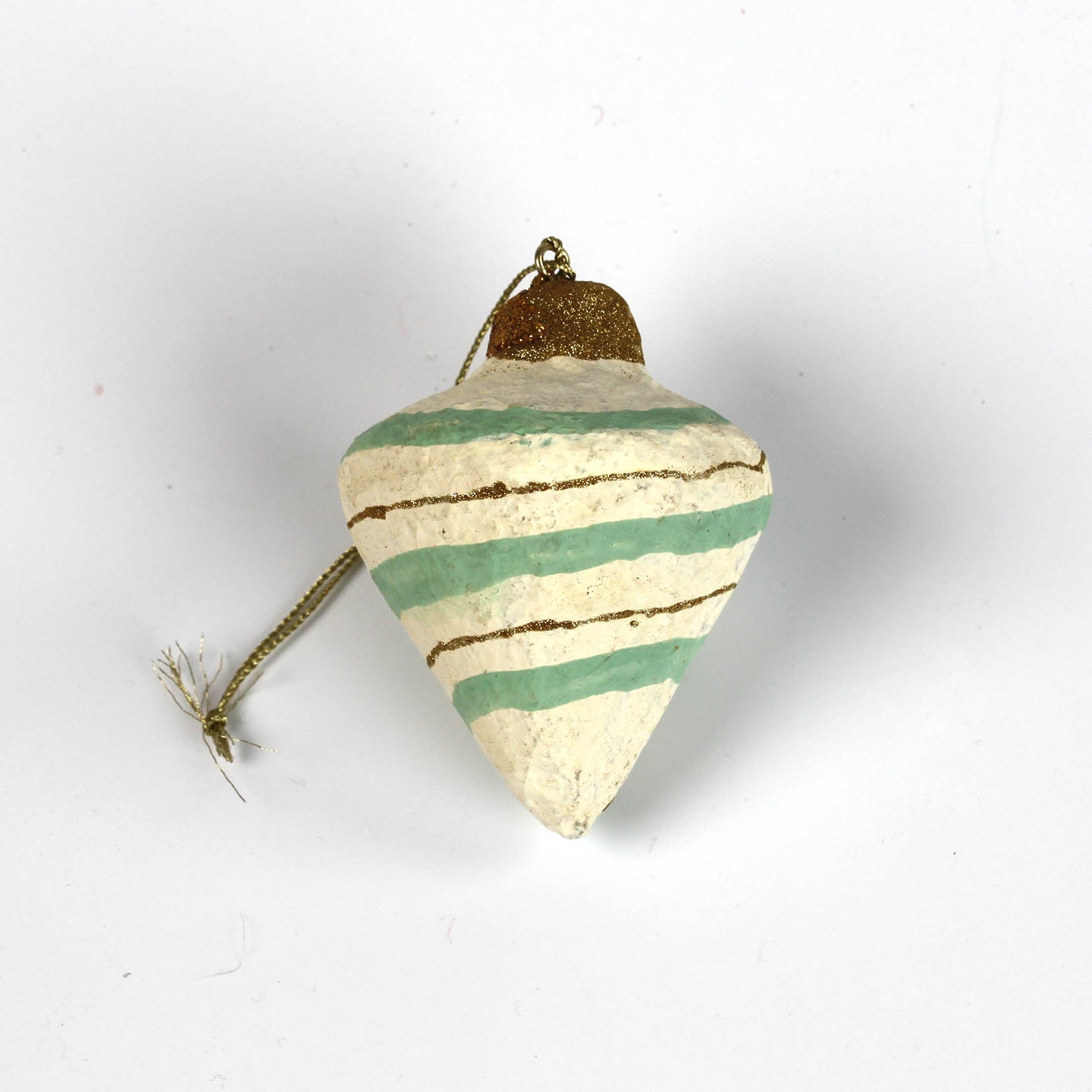 Cone-shaped Painted Paper Mache Christmas Ornament Green with gold glitter top.