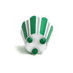 Bottom view of green and white striped cachepot with three rounded green feet.