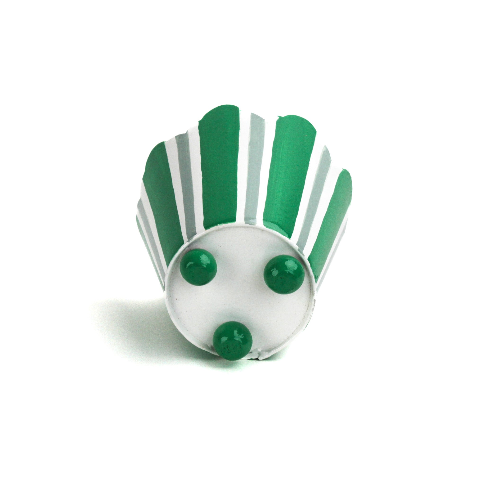 Bottom view of green and white striped cachepot with three rounded green feet.