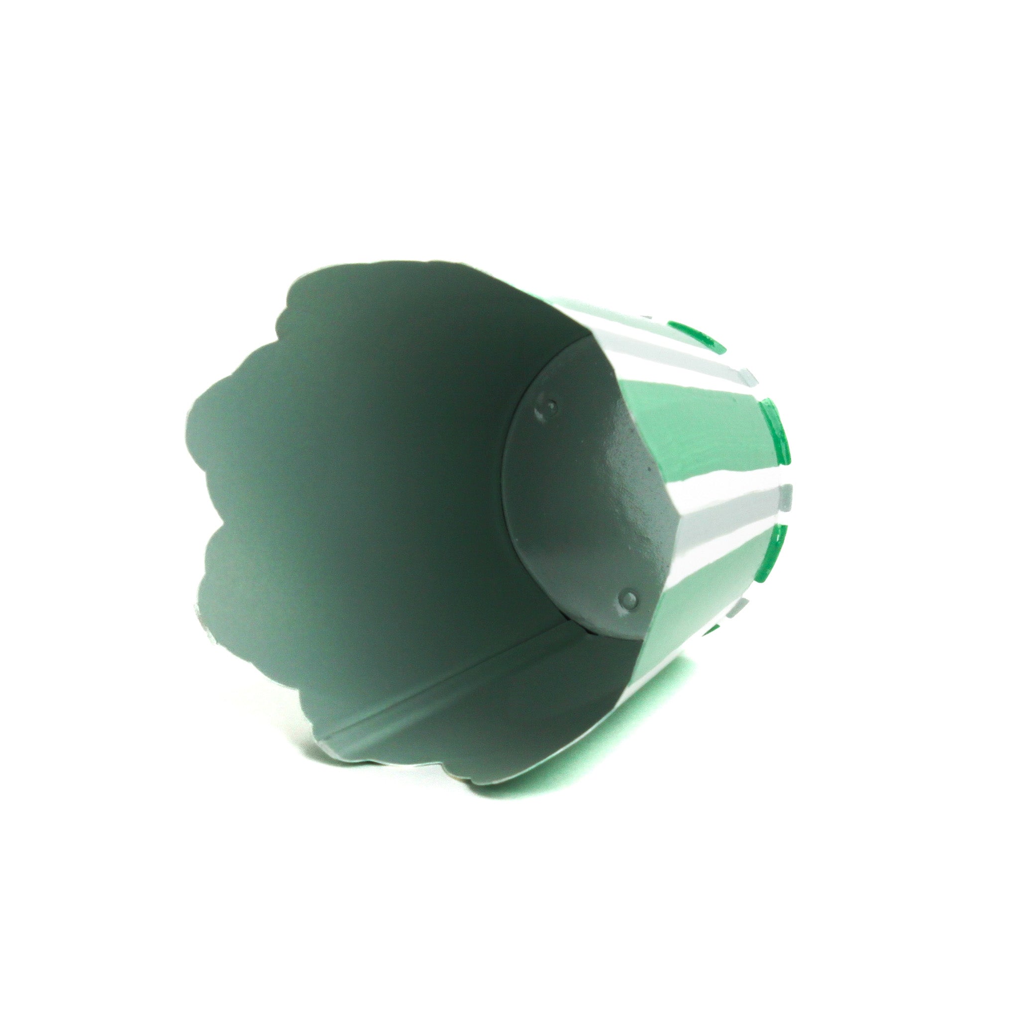 Green and white striped tole cachepot shown on its side to display the painted interior.
