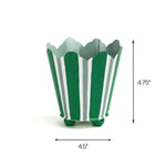 Green and white striped metal cachepot planter, 4.75 inch tall and 4.5 inch wide decorative planter