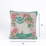Green and pink pug throw pillow with floral design, 18" x 18"