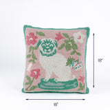 Green and pink pug throw pillow with floral design, 18" x 18"