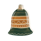 Decorative ceramic bell christmas plate with green and brown stripes on a white background