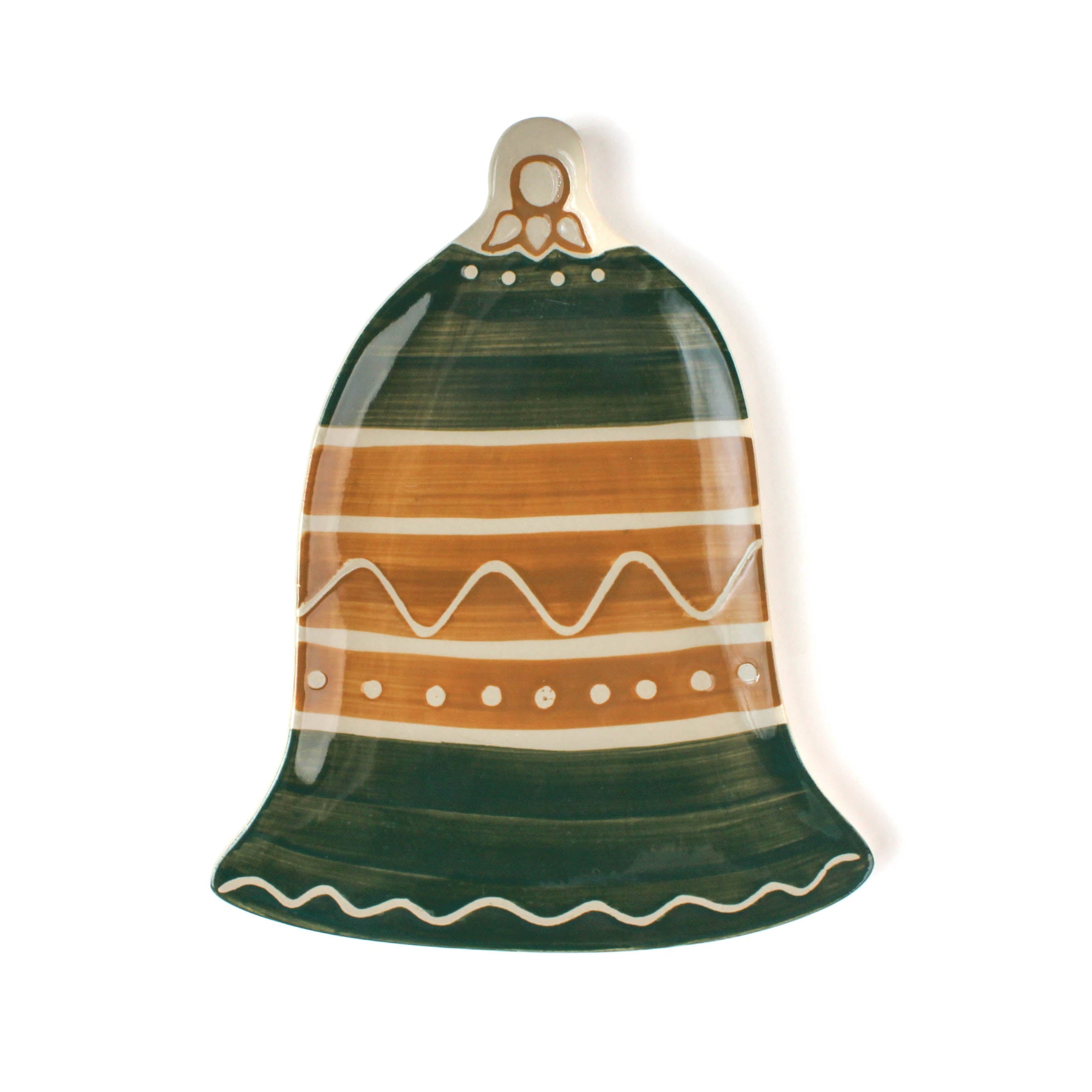 Decorative ceramic bell christmas plate with green and brown stripes on a white background