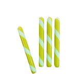 Green and blue candy stripe taper candles set with twisted spiral design for spring table decor.