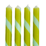 Green and blue candy stripe taper candles set with twisted spiral design for spring table decor.